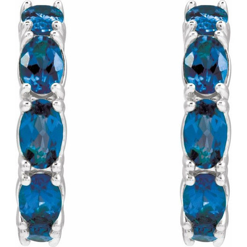 14K White Lab-Grown Blue Sapphire Hoop Earrings