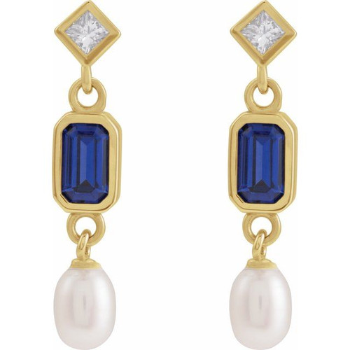14K Yellow Lab-Grown Blue Sapphire, Cultured White Akoya Pearl & .05 CTW Natural Diamond Earrings