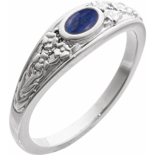 14K White Natural Lapis Cabochon Floral Ring