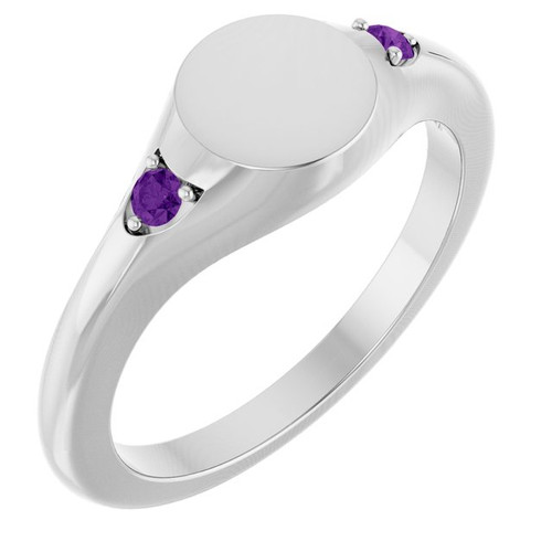 14K White Engravable Natural Amethyst Signet Ring