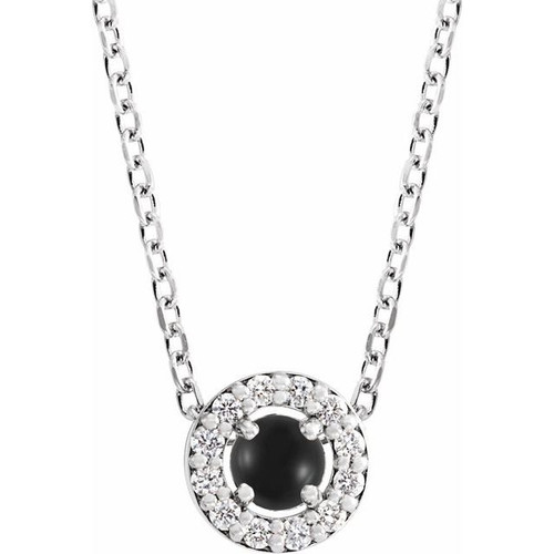 Sterling Silver Cabochon Natural Black Onyx & .05 CTW Natural Diamond Halo-Style 16-18" Necklace