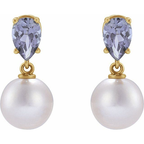 14K Yellow Cultured White Akoya Pearl & Natural Tanzanite Earrings