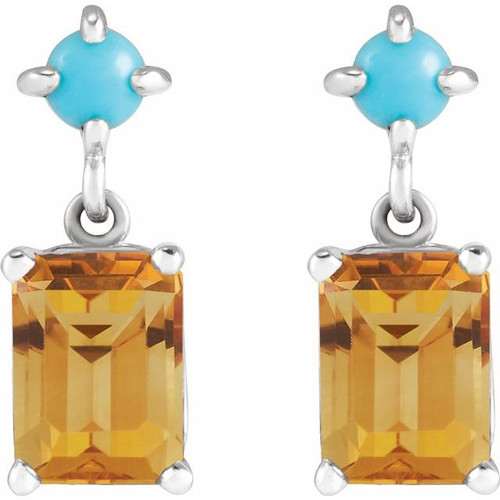 Platinum Natural Citrine & Natural Turquoise  Earrings