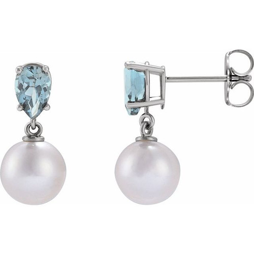 Platinum Cultured White Akoya Pearl & Natural Aquamarine Earrings