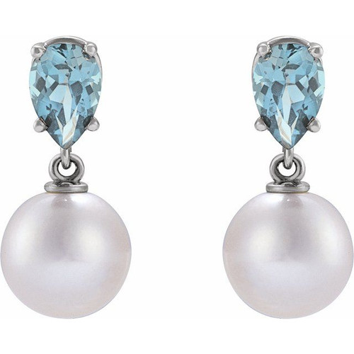 Platinum Cultured White Akoya Pearl & Natural Aquamarine Earrings