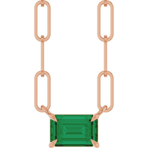 14K Rose 6x4 mm Lab-Grown Emerald Solitaire 16" Necklace 