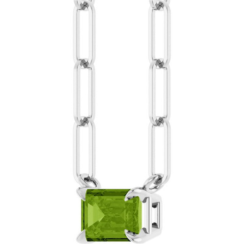 14K White 6x4 mm Natural Peridot Solitaire 18" Necklace 