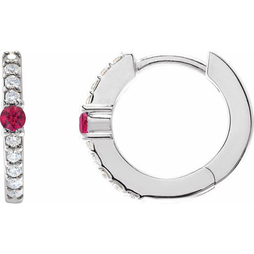 14K White Lab-Grown Ruby & 1/8 CTW Natural Diamond 13.6 mm Hoop Earring