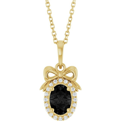 14K Yellow Natural Black Onyx & .08 CTW Natural Diamond Bow 16-18" Necklace