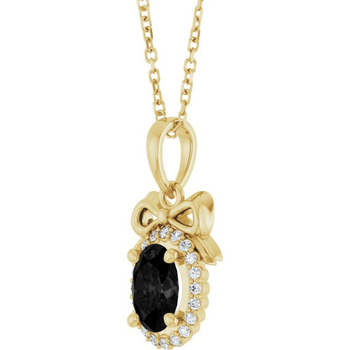 14K Yellow Natural Black Onyx & .08 CTW Natural Diamond Bow 16-18" Necklace