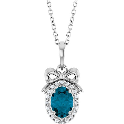 Sterling Silver Natural London Blue Topaz & .08 CTW Natural Diamond Bow 16-18" Necklace