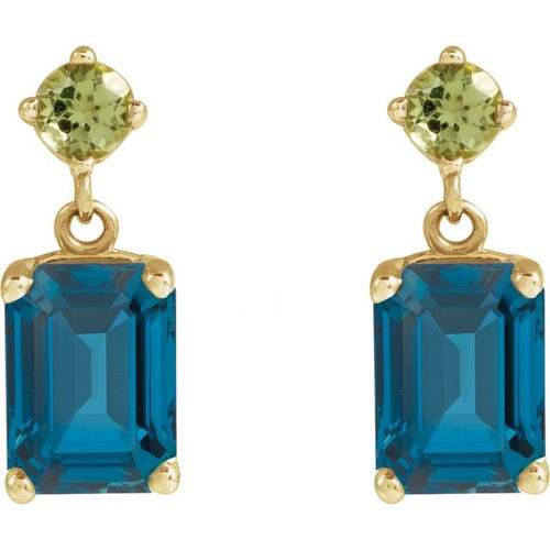 14K Yellow Natural London Blue Topaz & Natural Peridot Dangle Earrings