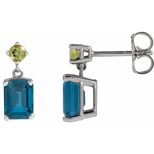 Platinum Natural London Blue Topaz & Natural Peridot Dangle Earrings