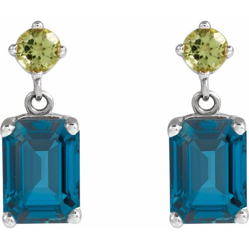 Platinum Natural London Blue Topaz & Natural Peridot Dangle Earrings