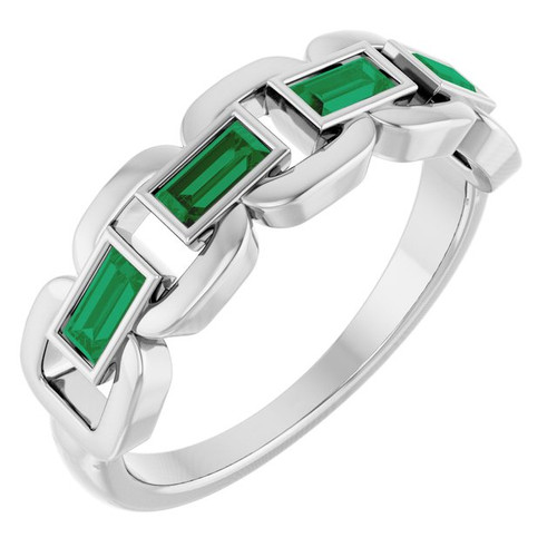 Sterling Silver Lab-Grown Emerald Chain Link Ring