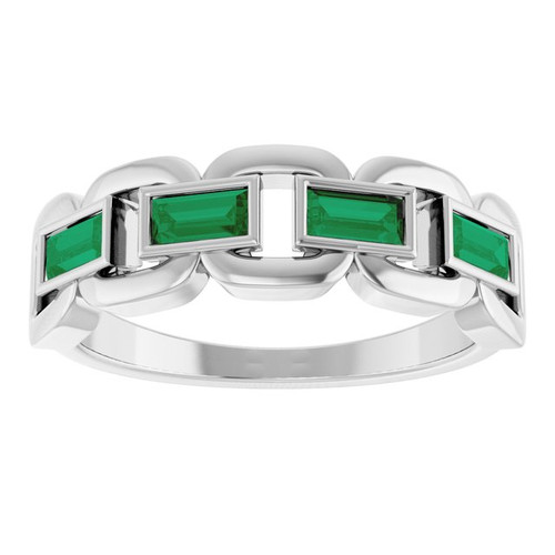 Sterling Silver Lab-Grown Emerald Chain Link Ring