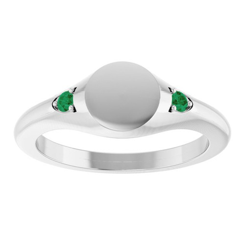 14K White Engravable Natural Emerald Signet Ring