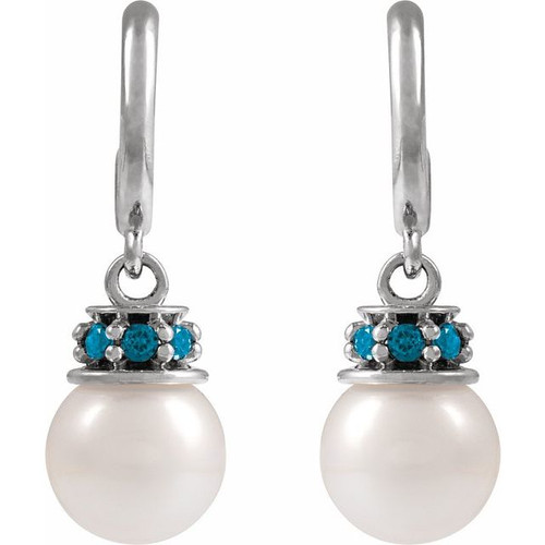 14K White Cultured White Freshwater Pearl & Natural London Blue Topaz Hoop Earrings
