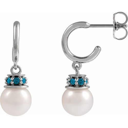 Sterling Silver Cultured White Freshwater Pearl & Natural London Blue Topaz Hoop Earrings