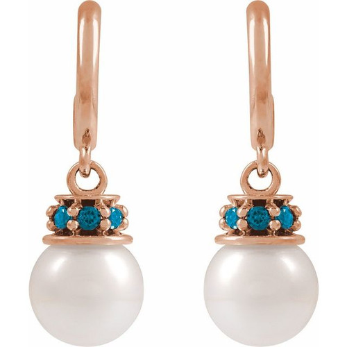 14K Rose Cultured White Freshwater Pearl & Natural London Blue Topaz Hoop Earrings