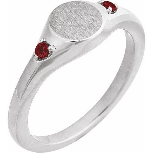 14K White Engravable Natural Mozambique Garnet Signet Ring