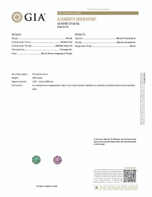 0.37 Carat Color Change Genuine Alexandrite Gem, Round Cut, GIA Cert, 4.37 x 4.42 x 2.8 mm 0.37 Carat Color Change Genuine Alexandrite Gem, Round Cut, GIA Cert, 4.37 x 4.42 x 2.8 mm