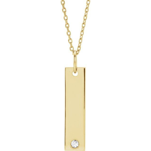 18K Yellow Gold-Plated Sterling Silver .03 CT Natural Diamond Engravable Bar 16-18" Necklace