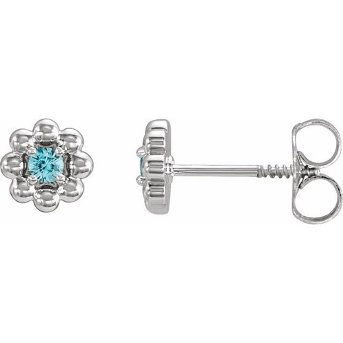 Sterling Silver Natural Blue Zircon Petite Flower Beaded Earrings