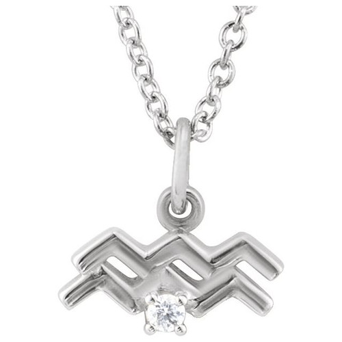 Sterling Silver .015 CT Natural Diamond Aquarius Zodiac 16-18" Necklace
