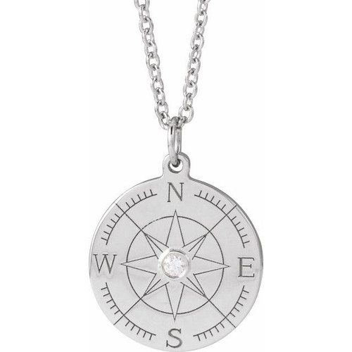 Sterling Silver .015 CT Natural Diamond Compass 16-18" Necklace