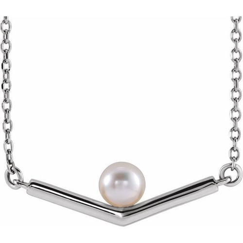 Sterling Silver Cultured White Akoya Pearl V 18" Necklace