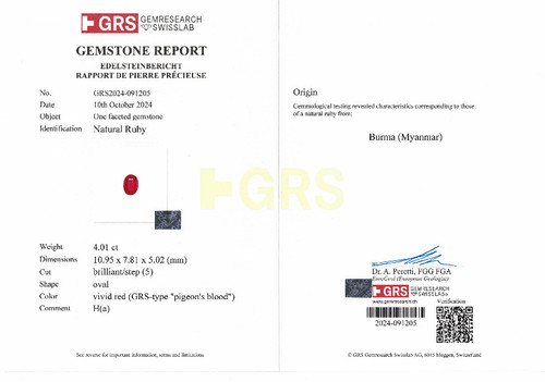 4.01 Carat Superb Gem Vivid Ruby Gem in Oval Shape, GRS Cert, 10.95 x 7.81 x 5.02 mm