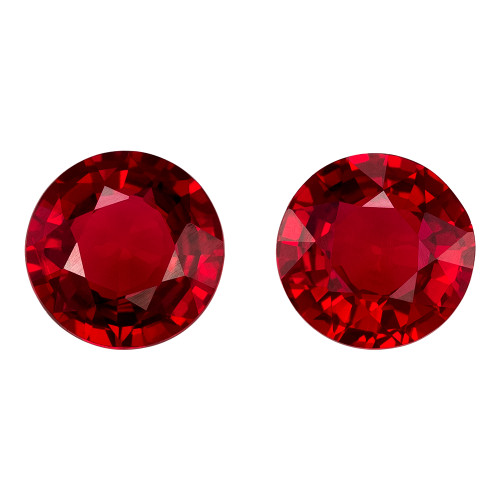 2.07 Carat Pair of Really Fine Rich Vivid Red Rubies,  Round,  6.1 mm Size