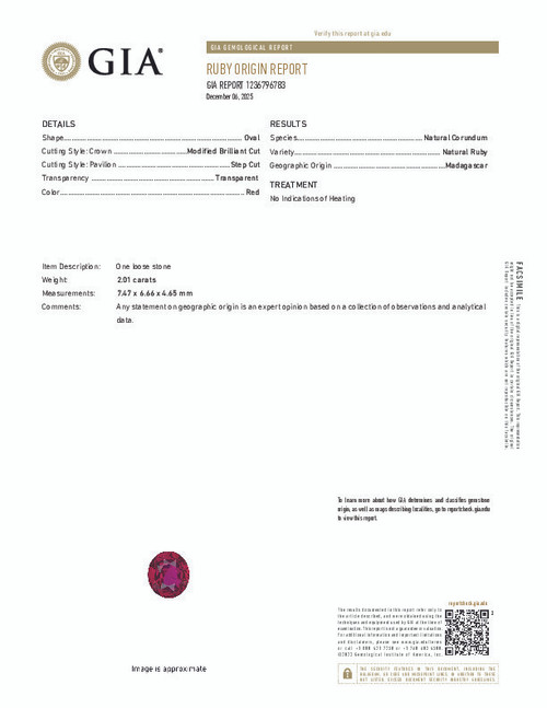 2.01 Carat Vivid Red Ruby Loose Gemstone, Oval Shape 7.47 x 6.66 x 4.65 mm Size