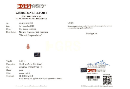 2.99 Carat Vivid Padparadscha Sapphire Loose Gemstone, Pear Shape 12.4 x 6.94 x 4.65 mm Size