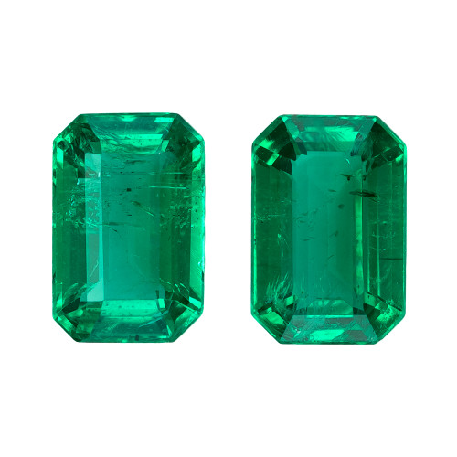 1.08 Carat Vivid Green Emerald Matched Pair of Gems, Octagon Shape, 6 x 4 mm Size