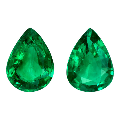 1.65 Carat Vivid Green Emerald Matched Pair of Gems, Pear Shape 7.9 x 5.9 mm Size