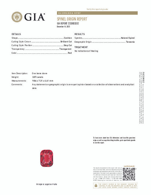 3.07 Carat Neon Red Spinel, Mahenge Origin, Cushion Cut, 9.86 x 7.31 x 4.61 mm, GIA Report