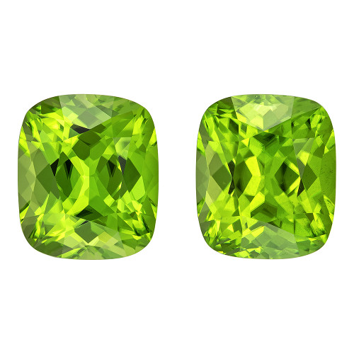 Pair of 7.92 Carat Pure Lime Green Peridot Gems, Cushion Shape, 10 x 8.5 mm