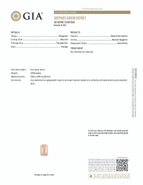 2.98 Peach Sapphire Gem, Octagon Cut, 9.56 x 6.09 x 4.65 mm | Unheated | GIA Cert | $6151