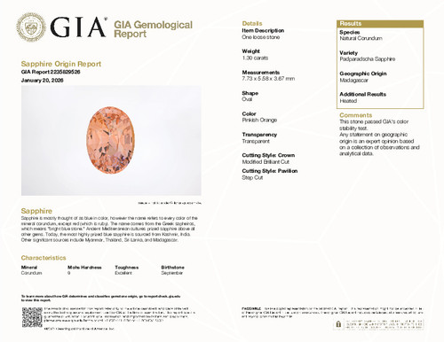 1.30 Carat Padparadscha Sapphire Gem, Oval Cut, 7.73 x 5.58 x 3.67 mm | GIA Cert | $4193