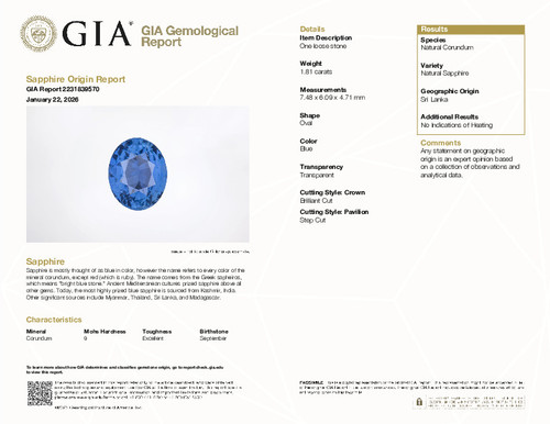 1.81 Carat Royal Deep Blue Sapphire Gem, Oval Cut, 7.48 x 6.09 x 4.71 mm | Unheated | GIA Cert | $4670