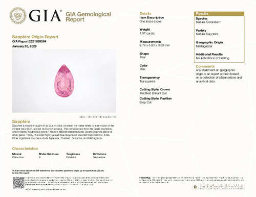 1.57 Pink Sapphire Pear 9.79 x 5.92 x 3.33 mm