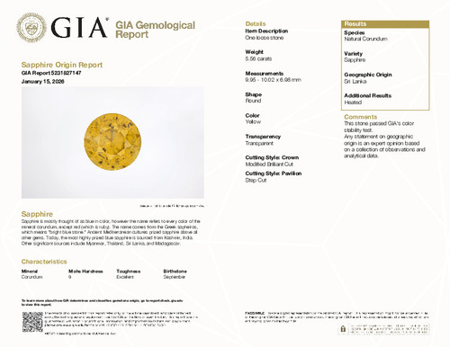 5.56 Carat Yellow Sapphire Gem, Round Cut, 9.95 x 10.02 x 6.98 mm | GIA Cert | $8891