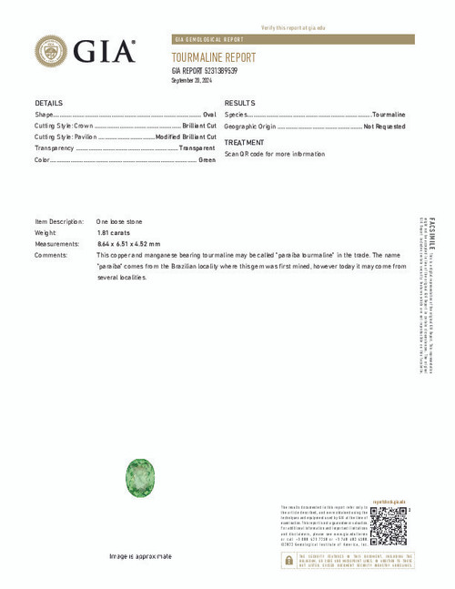 1.81 Carat Neon Mint Paraiba Tourmaline Oval 8.64 x 6.51 mm - GIA - $7,783