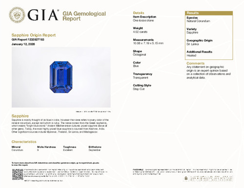 4.02 CT Royal Blue Sapphire Engagement RIng Stone, Octagon Cut, GIA, 10.08 x 7.19 x 5.15 mm
