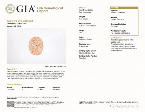 4.04 Carat Pinkish Peachy Colored Sapphire No Heat Gem, GIA Certed, Oval 9.89 x 7.77 x 6.44 mm