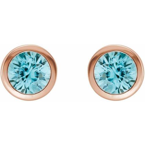 14K Rose Natural Blue Zircon Bezel-Set Earrings