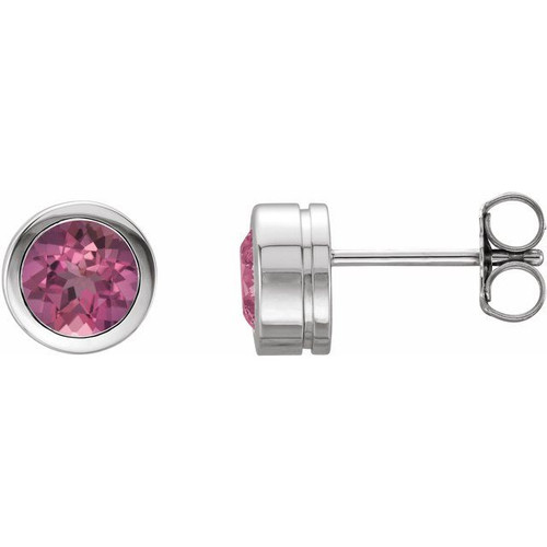 Platinum Natural Pink Tourmaline Bezel-Set Earrings