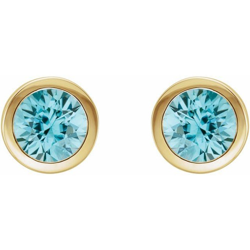 14K Yellow Natural Blue Zircon Bezel-Set Earrings